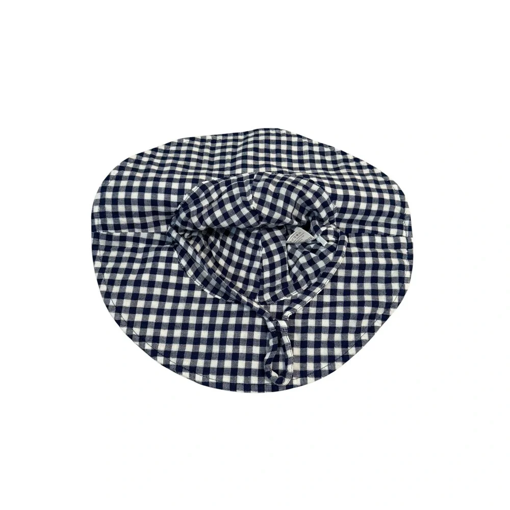 Angel Dear Navy Gingham Sun Hat Kids Wide Brim Organic Cotton EXC 12-24M